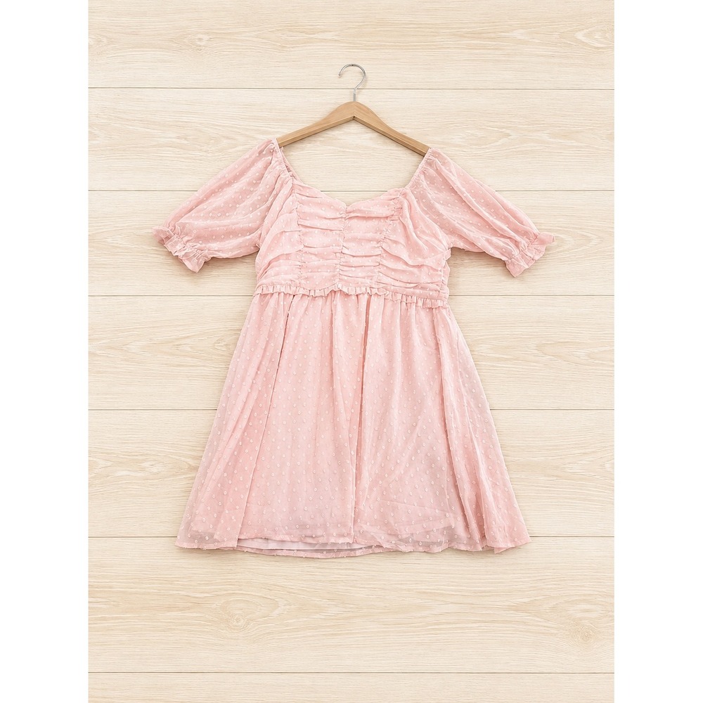 Andree By Unit Womens Large Pink Swiss Dot Puff Sleeve Ruffle Mini Dress NWT